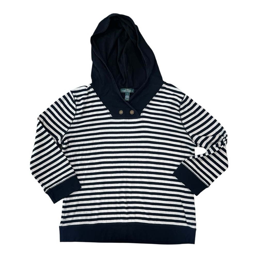 Ralph Lauren Hooded Cotton Knit Pullover, Women's Large, White‎ & Black Striped.